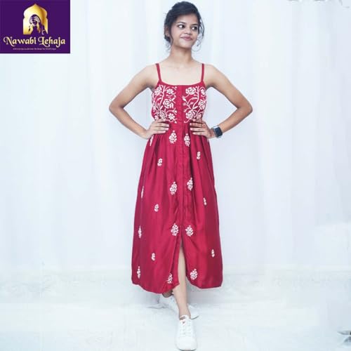 Buy NAWABI LEHAJA Women's Cotton Silk Latest | Stylish Midi Square Neck |  Sleeveless Bodycon Casual Dress for Girl's (Golden