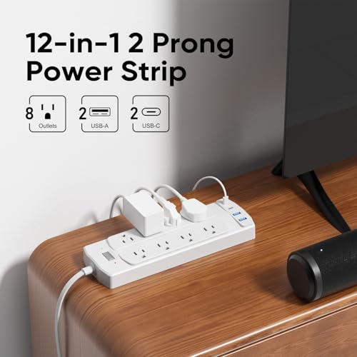 Image of 2 Prong Power Strip, Yozisital 2 Prong to 3 Prong Outlet Adapter, 5FT Extension Cord with Polarized Plug, 8 AC Outlets & 4 USB, Wall Mountable, Ideal for Non-Grounded Outlets