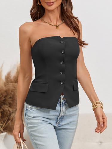 Cicy Bell Notched Neck Tube Tops Blazer Sleeveless Button Fitted Strapless Work Blazer Vest4