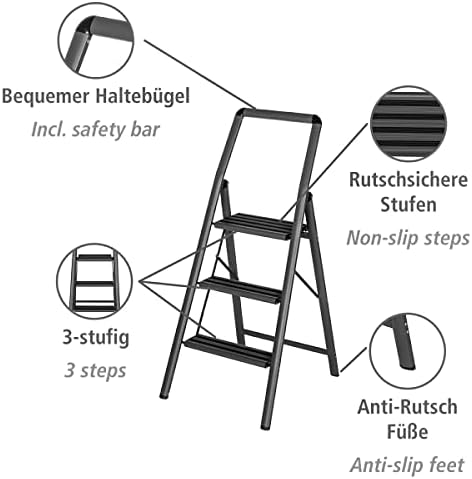 Wenko Aluminium Folding Step Ladder Compact 3-Step Dark Grey Lightweight & Non-Slip Household Ladder Safety Step Ladder Aluminium Coated 48 x 114.5 x 6 cm,50486800