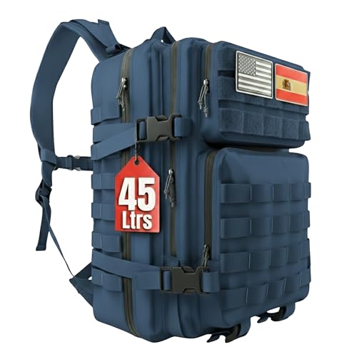 SPARTANFY | Mochila Crossfit Hombre 45L | Mochila Táctica Militar Impermeable para Gimnasio, Senderismo, Viaje, Montañismo | Mochila Grande Resistente con Sistema MOLLE (AZUL 45L)