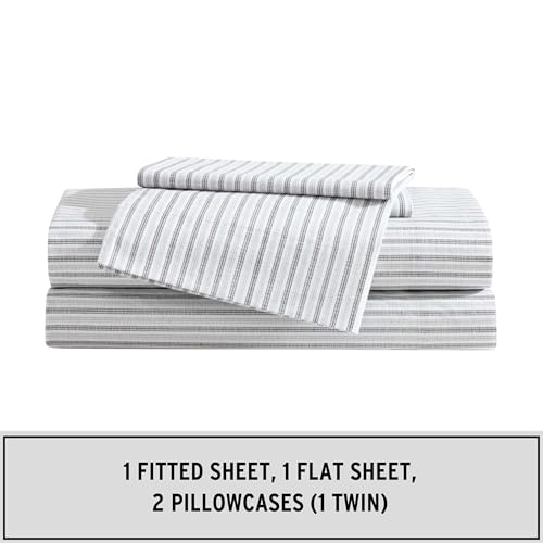 Image of Eddie Bauer - King Sheet Set, Cotton Percale Bedding Set, Super Soft and Bedding Set, Oeko-Tex Certified (Ticking Stripe Grey, King)