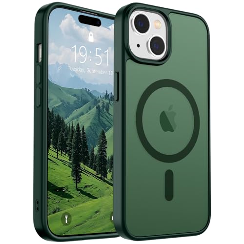 SUPFINE Magnetic for iPhone 15 Case (Compatible with MagSafe) (Military Grade Drop Protection) Slim Translucent Matte Shockproof with Anti-Fingerprint Phone Case, Forest Green