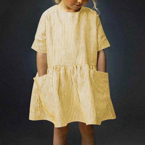 Girls Casual Dress Stripe Shirt Dresses Summer Linen Dresses Crew Neck Short Sleeve Dress with Pockets Daily Outfits2
