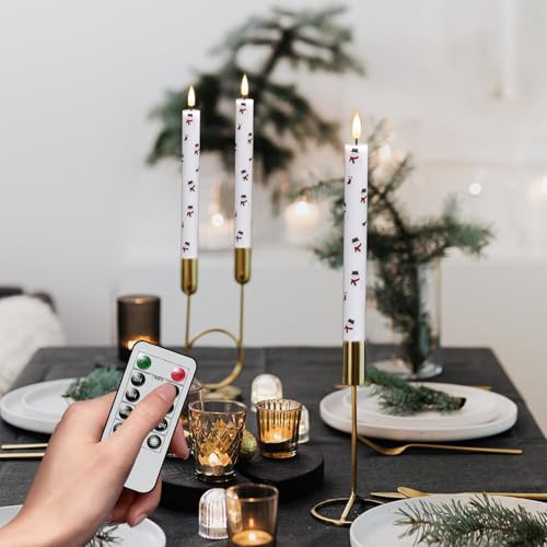 Image of Eldnacele Christmas Taper Flameless Candles with Remote and Timer, Battery Operated 3D Wick Flickering Snowman Decal Candle Real Wax LED Candles Dinner Indoor Holiday Xmas Decor(4Pcs,0.78 inchx9.6 inch