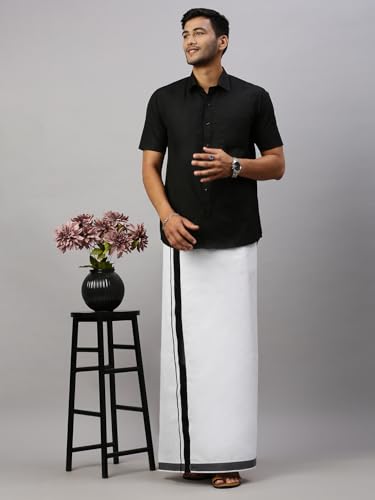 Image of RAMRAJ COTTON Men Black Fancy Border Single Layer Dhoti Crafted For Festive Occasions And Classic Ethnic Style