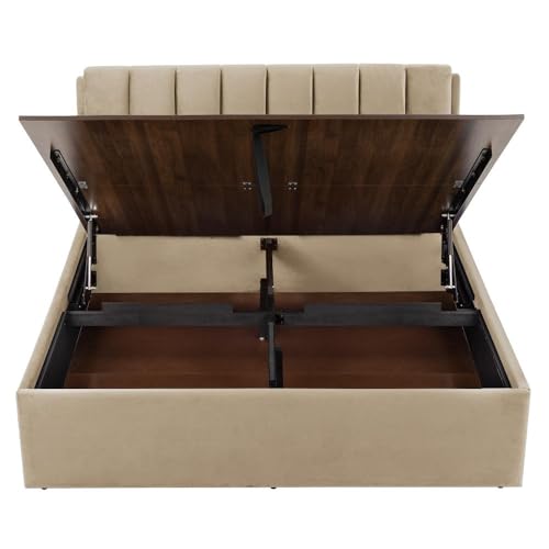 Image of Wakefit Bed | King (78 X 72) Solid Wood Bed, Upholstered, Hydraulic Storage, 3 Year Warranty - Antho - Velvet Tuscan Tan