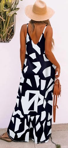 Image of Bluetime Women Summer Spaghetti Strap Maxi Dress V-Neck Sleeveless Flowy Boho Floral Beach Long Dress with Pockets