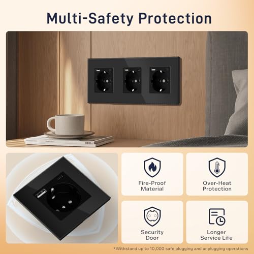 BSEED USB Steckdose Tripel Schwarz - Schuko Mit USB Anschluss (Max. 2.1A) Typ C Port Unterputz Glas Schutzkontakt-Ladeger&auml;t F&uuml;r Handys, Laptops Etc