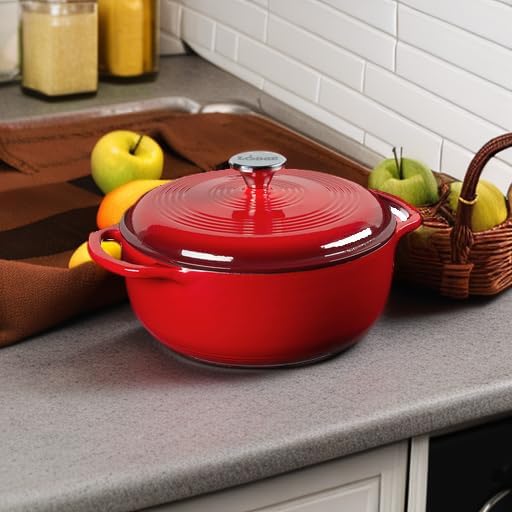Lodge 4.5 Quart Enameled Cast Iron Dutch Oven with Lid – Dual Handles – Oven Safe up to 500° F or on Stovetop - Use to Marinate, Cook, Bake, Refrigerate and Serve – Island Spice Red - Image 5