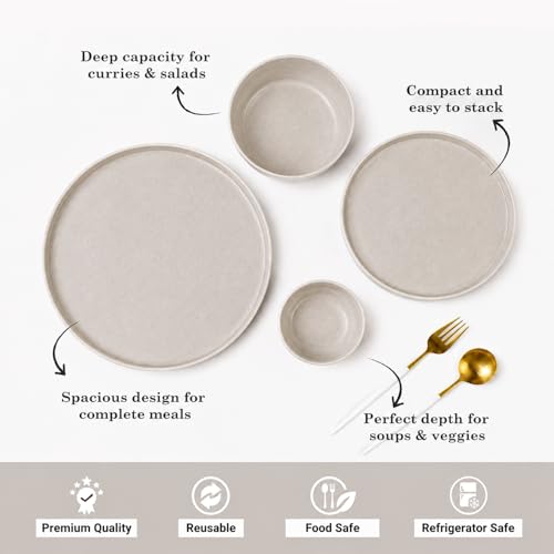 Image of MARKET 99 Minto Beige Melamine Dinner Set 14 Pieces, Matte Round Dinnerware with 6 Full Plates, 6 Quarter Plates, 6 Soup Bowls & 2 Serving Bowls, Food Safe & Refrigerator Safe