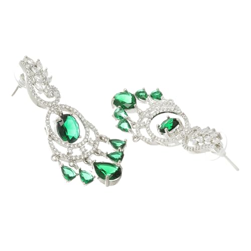 Image of ZENEME Rhodium-Plated American Diamond Studded Oval & Leaf Shaped Drop Earrings For Girls and Women