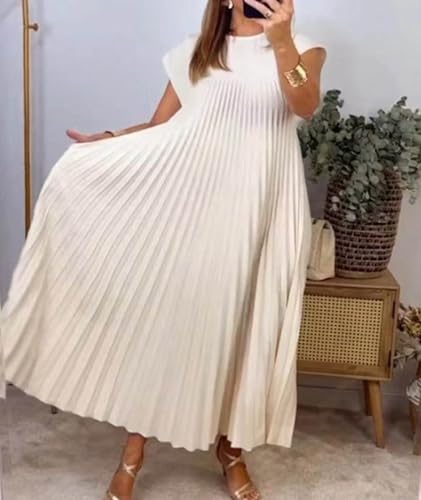 Image of SEMATOMALA Women's Pleated Short Sleeve Maxi Dress Crewneck Loose Fit Flowy Swing Long Dress with Pockets