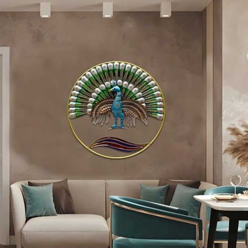 Image of Iron Big Handcrafted Multicolor Round Metal Peacock Abstract Wall Art Decorative Wall Frame Sculpture for Living Room Bedroom Drawing Room Home Decor