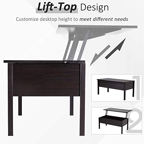 Homcom 39" Modern Lift Top Coffee Table Desk With Hidden Storage Compartment For Living Room, Coffee Brown Woodgrain #TOP4