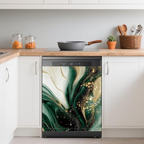 Image of Green Marble Dishwasher Magnets Decorative Cover,Gold Glitter Waterproof Magnetic Dishwasher Cover Panel,Refrigerator Magnet Cover for Kitchen Home Decor 23x26 Inch