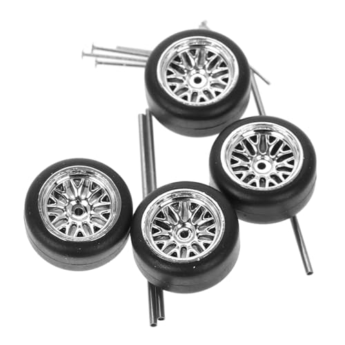 KONTONTY 1:64 Scale Rc Car Wheel Hubs with Electroplated Silver Tree Branch Design, Rubber Tires Replacement Set for Small Toy Cars and Model Assembly