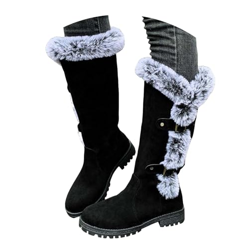 Winter Boots for Women Warm Faux Fur Lined Snow Boots with Velvet Anti-Slip Comfortable Fashion Suede Winter Warm Padded Cotton Knee High Boots Platform Heel Fashion Buckle Fluffy Outdoor (7)
