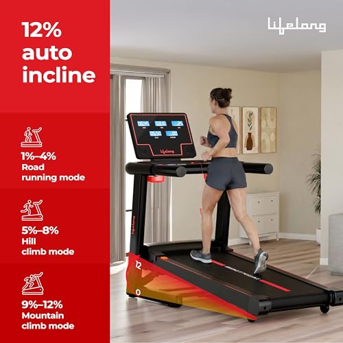 Image of Lifelong 5HP Foldable Treadmill for Home | Home Workout Equipment | LED Display | 12% Auto Incline | 14 km /h Speed | 12 Preset Programs | Hydraulic Fold | Bluetooth & FitShow App | 110kg Max Weight