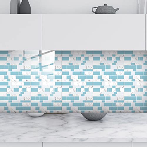 Azulejos Adhesivos Cocina Patrón De Mármol blanca Azul Del Cielo Vinilo Cocina Impermeables PVC Protector Salpicaduras Revestimiento Pared Baño Decoración de Muebles Baldosas Adhesivas
