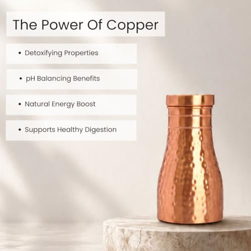 Image of Hammered Copper Bedside Pot | Pure Copper Water Vessel (Bedside Double) | Handcrafted Hammered, Copper Carafe with Lid, Ayurvedic Copper Vessel, Premium Gift Set