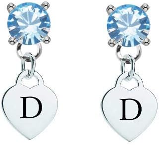 Letter D Silver Heart Light Blue Crystal Stud Post Dangle Earrings