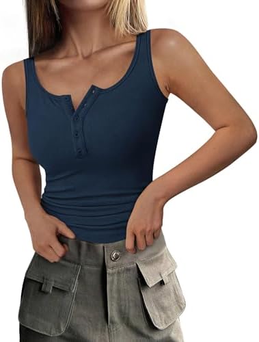PRETTYGARDEN Womens 2026 Summer Tank Tops Ribbed Knit Slim Fit Sleeveless Henley Shirts Casual Basic Button Up Blouse