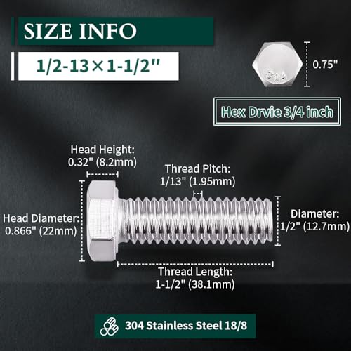 Image of 1 /2-13 x 1-1 /2 inch Hex Head Bolts Screws, 304 Stainless Steel 18-8, Fully Threaded, Hexagon Head Cap Bolts Screws, Coarse Thread UNC, 6 PCS