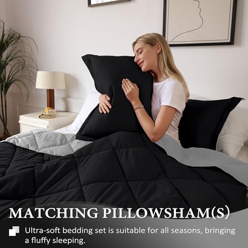 Image of downluxe California King Comforter Set - Black and Grey Cal King Comforter Set, Soft Bedding Sets for All Seasons - 3 Pieces - 1 Comforter (104 inchx96 inch) and 2 Pillow Shams(20 inchx36 inch)