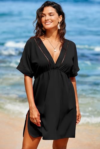 Dokotoo Swimsuit Coverup for Women Hollow Out V Neck Short Sleeve Bathing Suit Bikini Beach Cover Ups Mini Dress3