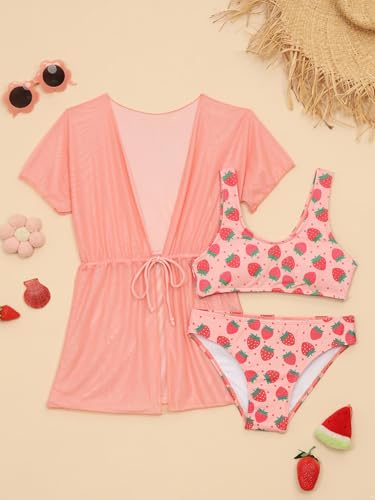 renvena Kids Girl 3 Piece Cover Up Swimsuit Cute Strawberry Print Swim Vest Kimono Set Rash Guard2