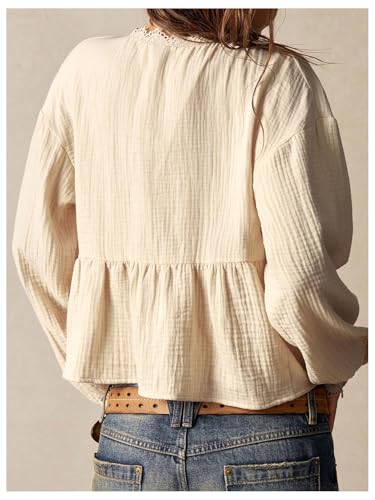 SHENHE Women's Deep V Neck Button Up Crochet Patchwork Long Sleeve Vintage Crop Blouse Top3