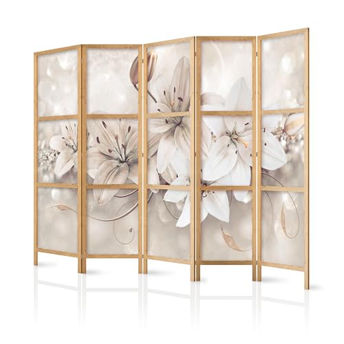 murando - Paravent Intérieur Japonais 225x172 cm - Séparateur de Pièce en Bois Naturel et Toile Imprimée - Paravent Oriental Portable et Pliable - Lys...