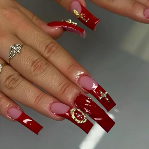 IMSOHOT Extra Long Press on Nails Curved Long Fake Nails Wine Red French Nail Tips Golden Charms Glossy Acrylic False Nails Full Cover Handmade DIY Glue on Nails