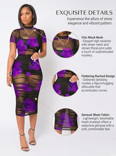 Image of Mojessy Sheer Dress for Women Sexy Short Sleeve Ruched Mesh Bodycon Dress Adjustable Strap Top Mini Skirt 3 Piece Outfits Set