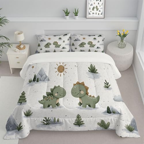 DLERFLOVR Juego de Edredón Reversible Cama 105 Edredón Acolchado Lindo Dinosaurio Nórdico Alternativo Ligera Ilustraciones Infantiles para Las Estaciones con 2 Fundas 200x200cm, Verde Claro