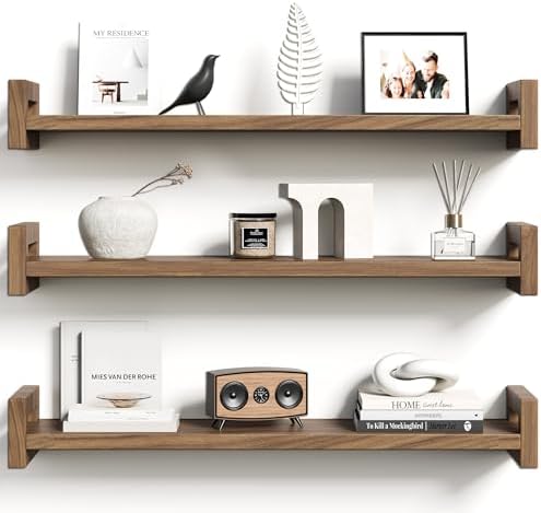 Upgraded Floating Shelves for Wall, Set of 3 Solid Wood Wall Moun...