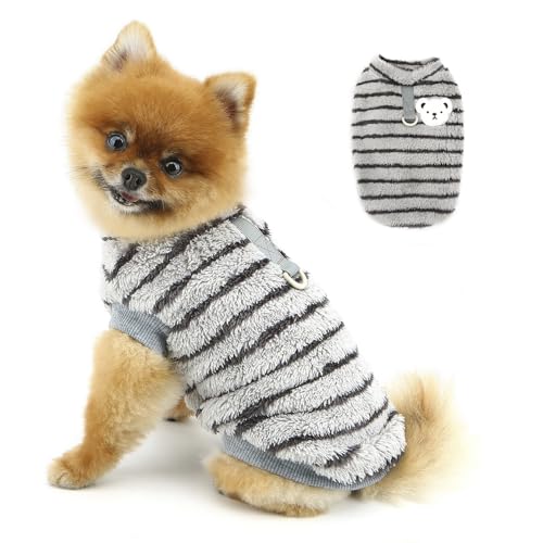 PAIDEFUL 犬服 小型犬 フリース トレーナー 袖なし 暖かい 子犬 冬用 コート ストライプ柄 セーター ベスト Dリング付き チワワ ヨーキー 猫用 ペット服 防寒 着脱簡単 冬のお散歩 室内着,グレー,XXL