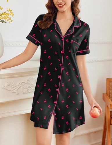 Image of Ekouaer Nightgowns for Women Button Down Sleepshirt Short Sleeve Nightshirt Boyfriend Pajamas V Neck Nightdress S-XXXL