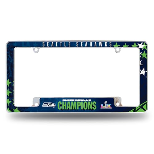 Rico Industries NFL Football Seattle Seahawks 2026 Super Bowl LX Champions 12 x 6 Chrome All Over Automotive License Plate Frame for Car/Truck/SUV