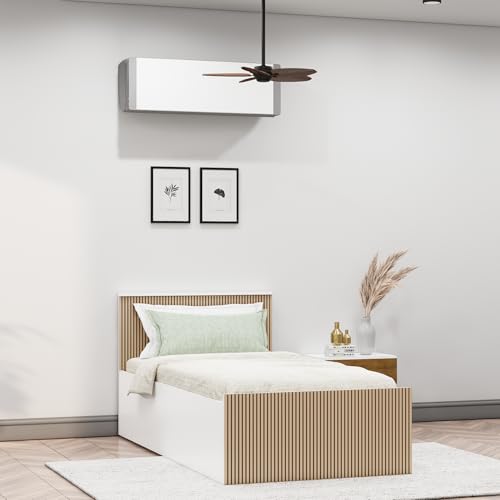 Image of Bniture Modern Single Size Bed with Storage Box | Engineered Wood Bed 3D Textured Panels | Dual Tone Cupboard for Bedroom | Wooden Bed Single Beds Storage (Frosty White & Giant Wood, Single)