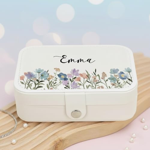 Image of PRIMIT Personalized Jewelry Box for Women & Girls - Travel Jewelry Organizer with Custom Name & Floral Design, Bridesmaid, Wedding, Anniversary (White)