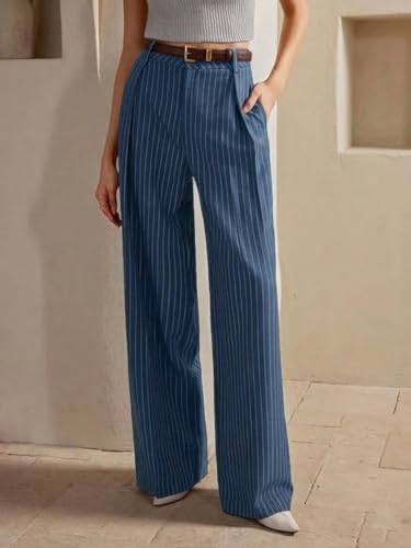 Image of KOTTY Women's Tailored Wide Leg Pinstripe Pants - High Waisted Straight Fit Work Trousers with Pockets, Elegant Office & Business Casual Wear