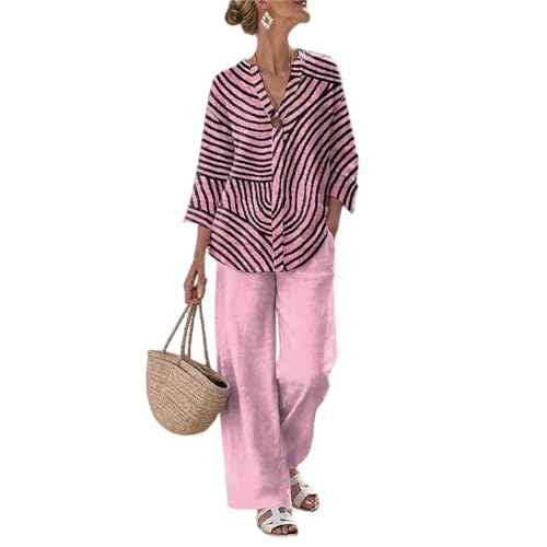 Ensemble 2 pièces femme effet lin respirant avec chemisier rayé rose col V