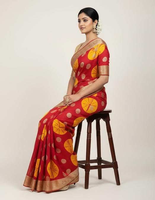 Image of Women's Georgette Batik Print Saree with Woven Zari Border Traditional Saree for Wedding Festival Use