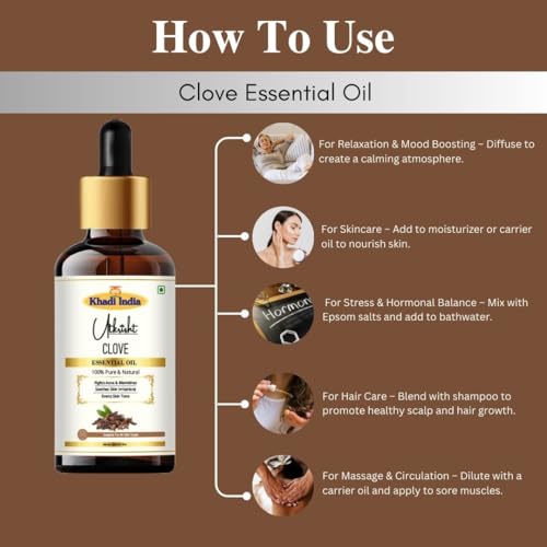 Image of Khadi Clove Essential Oil 15 ml | Pure & Natural Therapeutic Grade | For Teeth & Gums, Toothache Relief | Oil for Face | Skin & Hair Care | All Skin Types | Aromatherapy for Men & Women