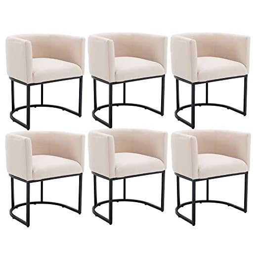 VESCASA Linen Upholstered Dining Chairs with Barrel Back, Mid Century Modern Padded Restaurant Chairs with Black Metal Frame for Kitchen, Dining Room, Set of 6, Cream