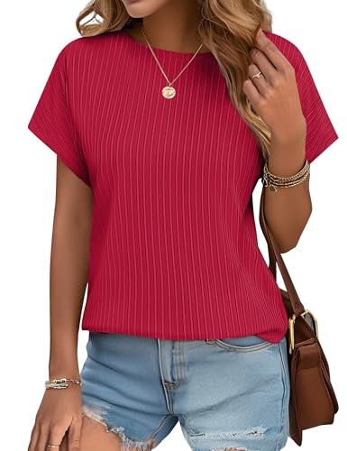 JUSTFASHIONNOW Womens Short Sleeve Tops Business Casual Tops for Women Crew Neck Basic Tees Textured Work Shirts Office Outfits(Red,XXL) — view 2