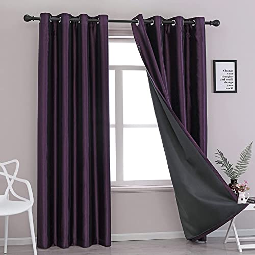 Image of GYROHOME Faux Silk Blackout Curtains with Black Liner, Solid Window Treatment Drapes for Bedroom Living Room, Thermal Insulated Ring Top (2Panels, 66x90inch,Purple)