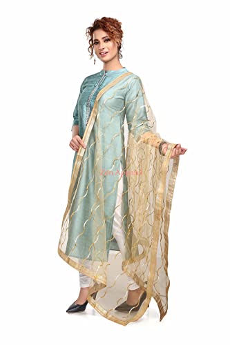 Image of ZEN APPAREL Women's Embroidered Net Dupatta with Lace Borders (Z-101) Premium Net Fabric Golden Aari Work